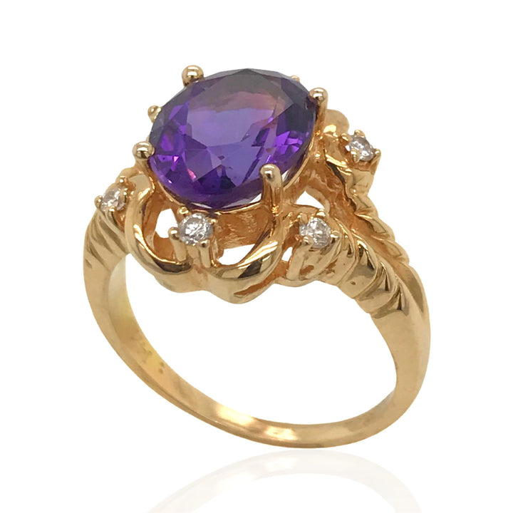 14 Karat Yellow Gold Diamond and Amethyst Cocktail Ring