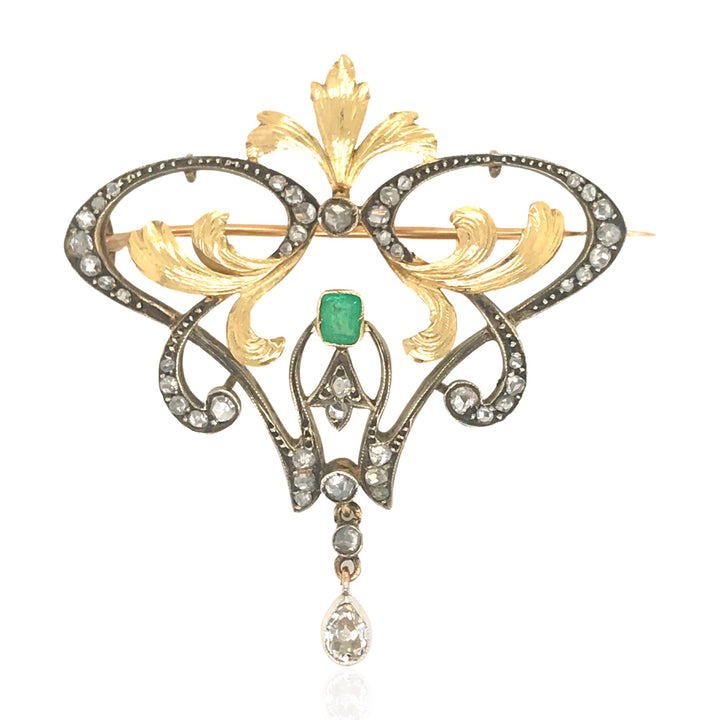 14 Karat and silver Diamond and Emerald Art Nouveau Brooch