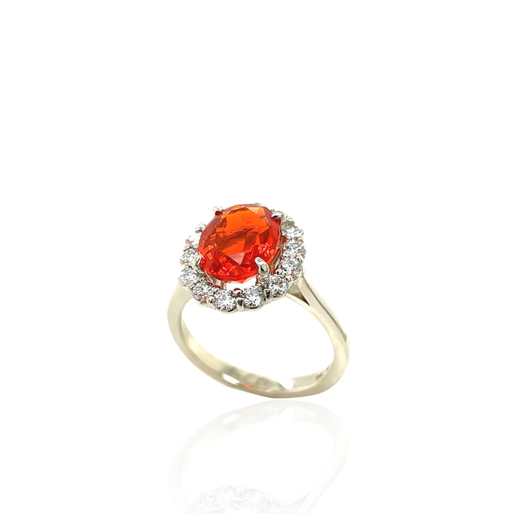 14 Karat White Gold Mexican Fire Opal and Diamond Ring