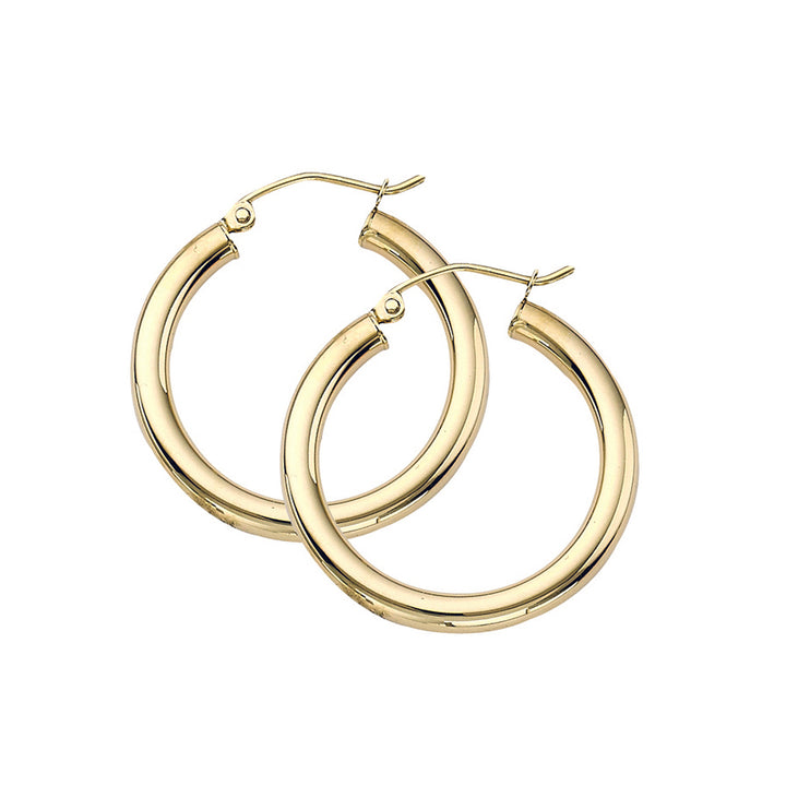 14k gold 3mm hoop earrings with a polished finish, perfect for any occasion, secure latch back design, available in yellow and white gold.