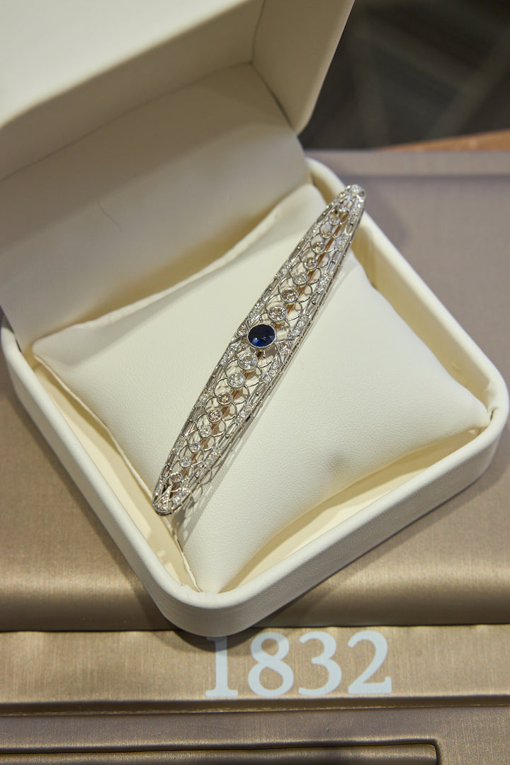 Art Deco Platinum, Diamond, and Synthetic Sapphire Bar Pin