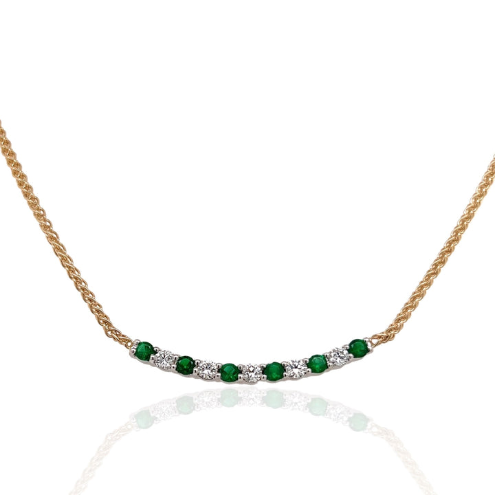 14 Karat White and Yellow Gold Emerald and Diamond Bar Necklace