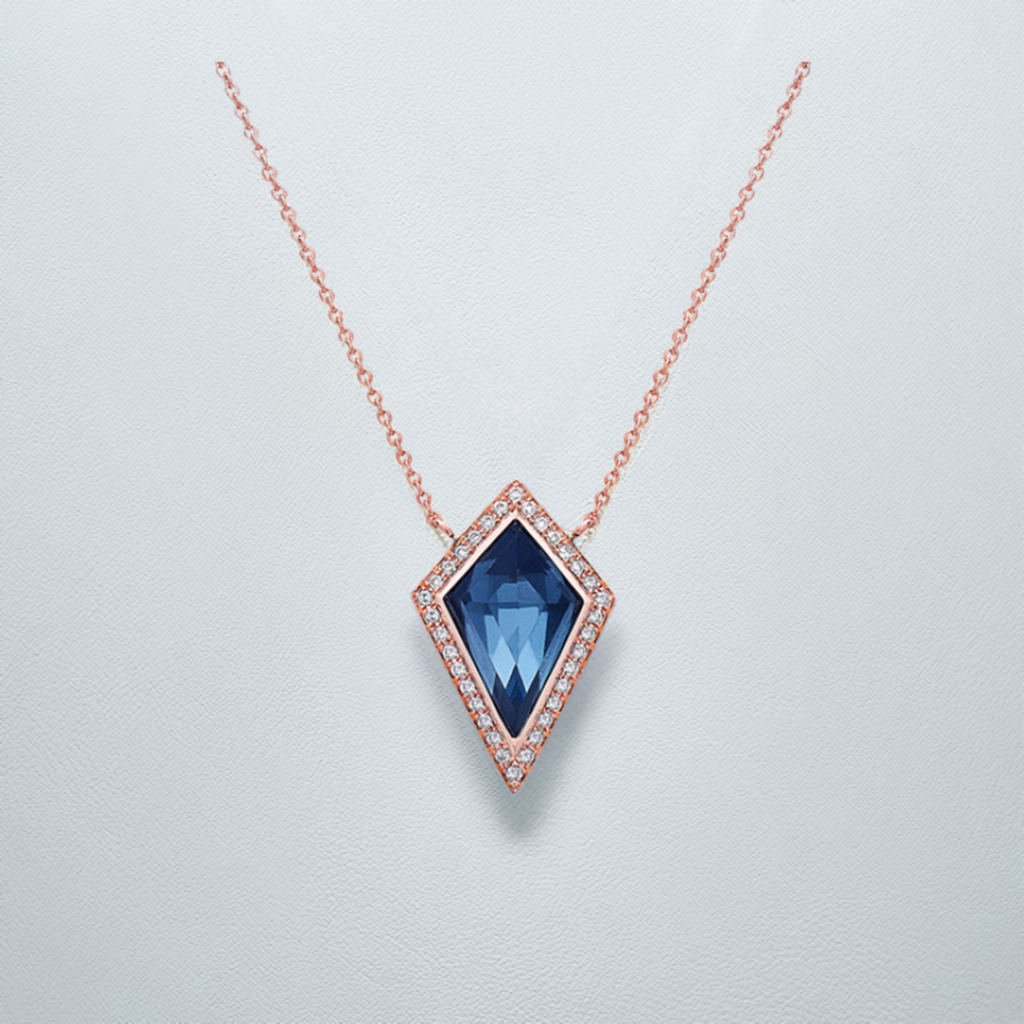 14 Karat Rose Gold London Blue Topaz and Diamond Necklace